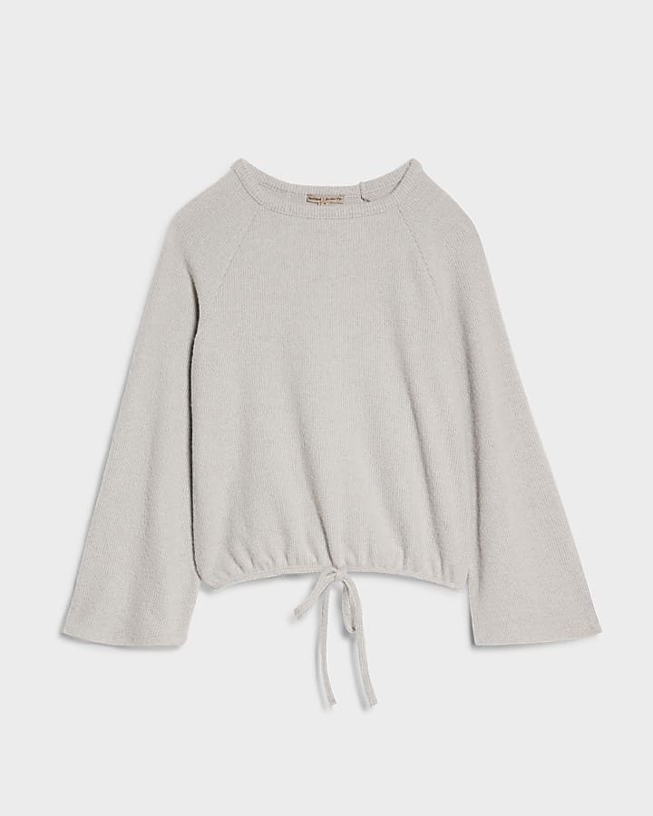 Petite Grey Bubble Hem Ribbed Top