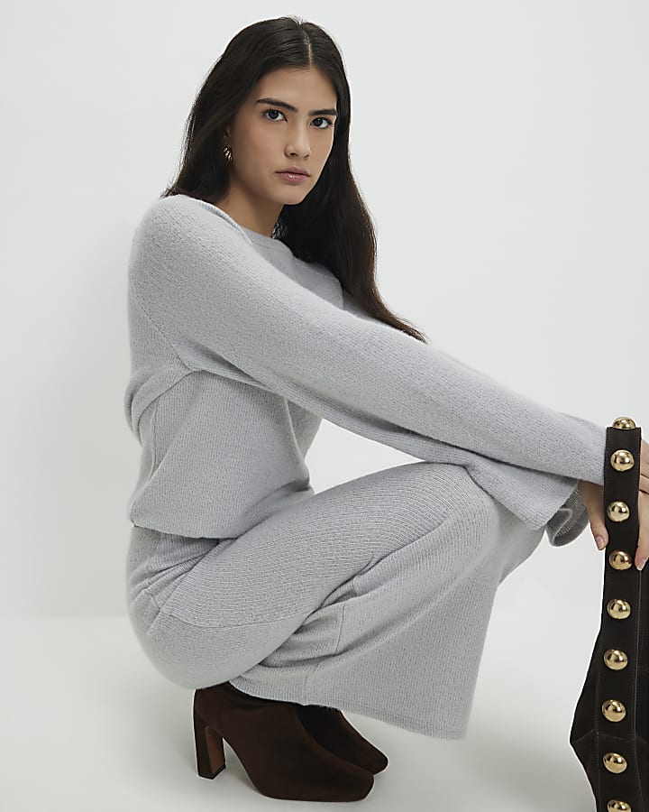 Petite Grey Bubble Hem Ribbed Top