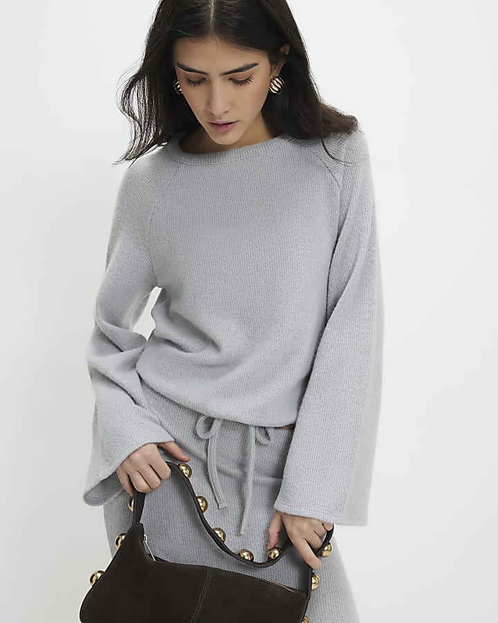 Petite Grey Bubble Hem Ribbed Top