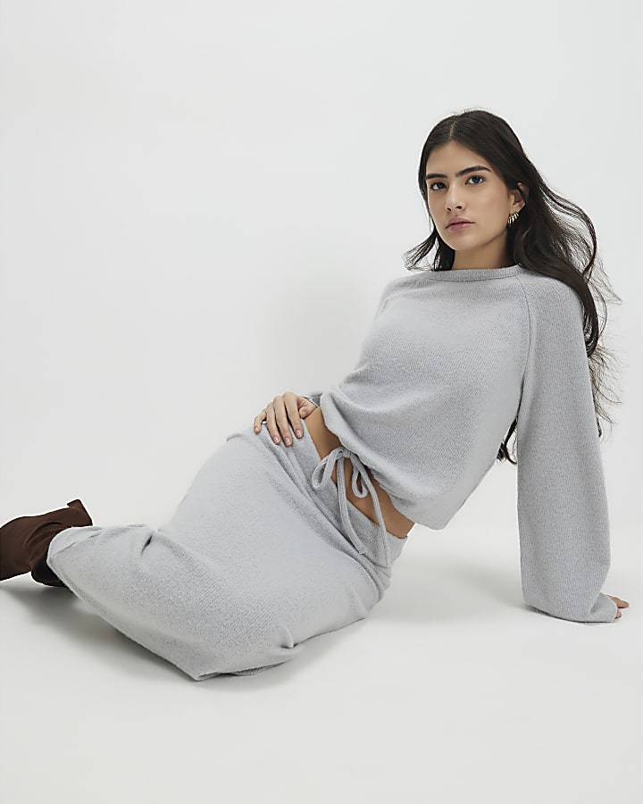 Petite Grey Cosy Ribbed Maxi Skirt