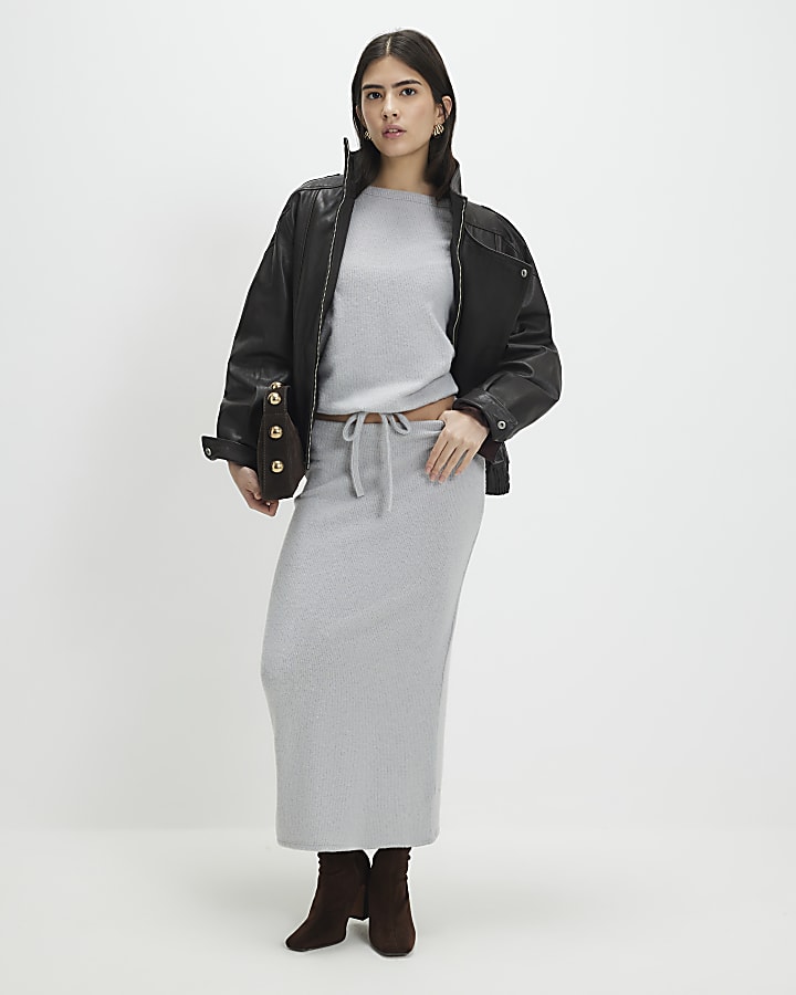 Petite Grey Cosy Ribbed Maxi Skirt
