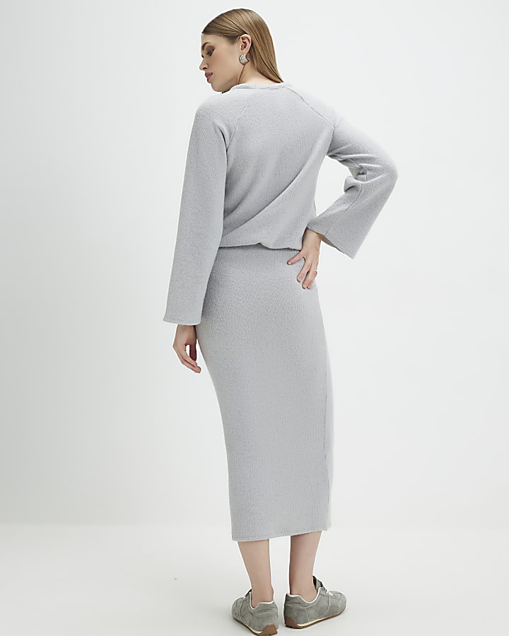Grey Cosy Ribbed Midi Skirt