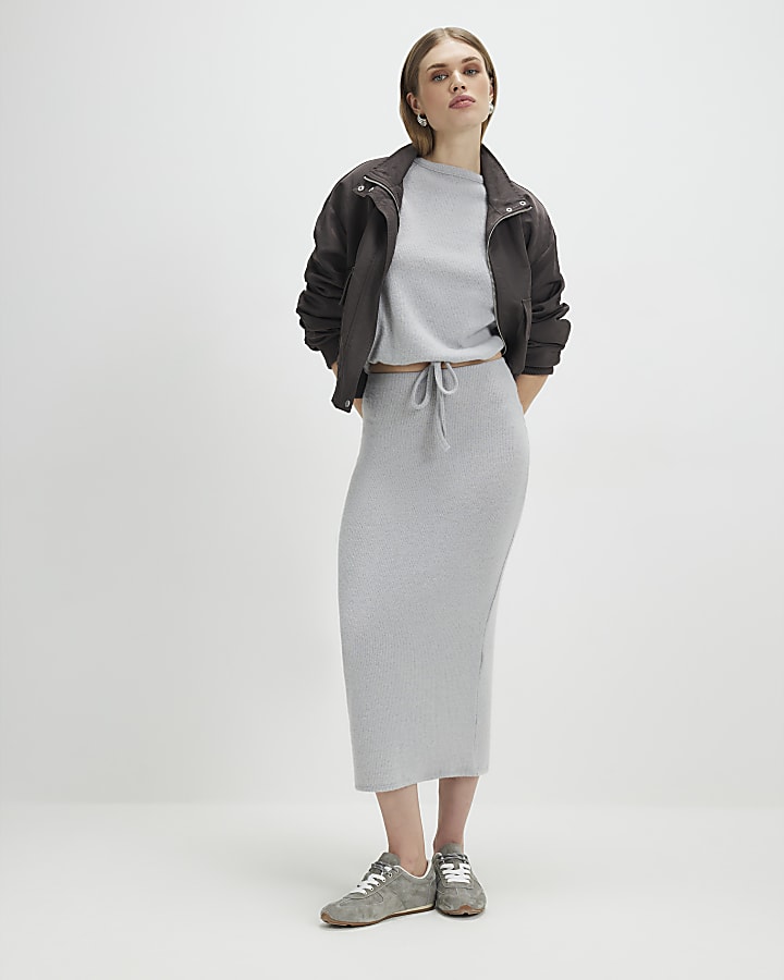 Grey Cosy Ribbed Midi Skirt