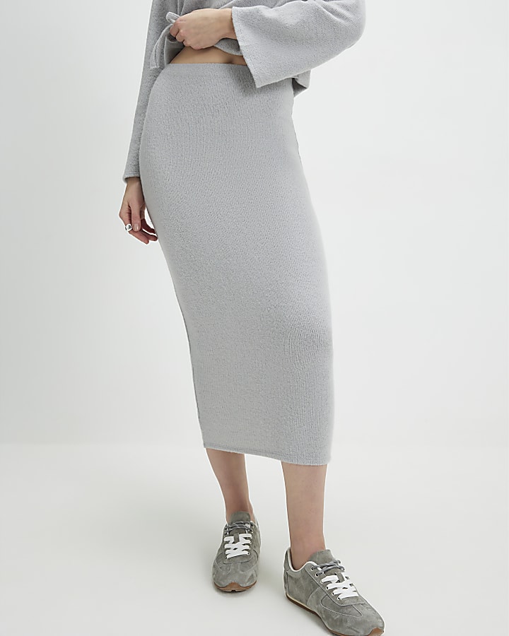 Grey Cosy Ribbed Midi Skirt