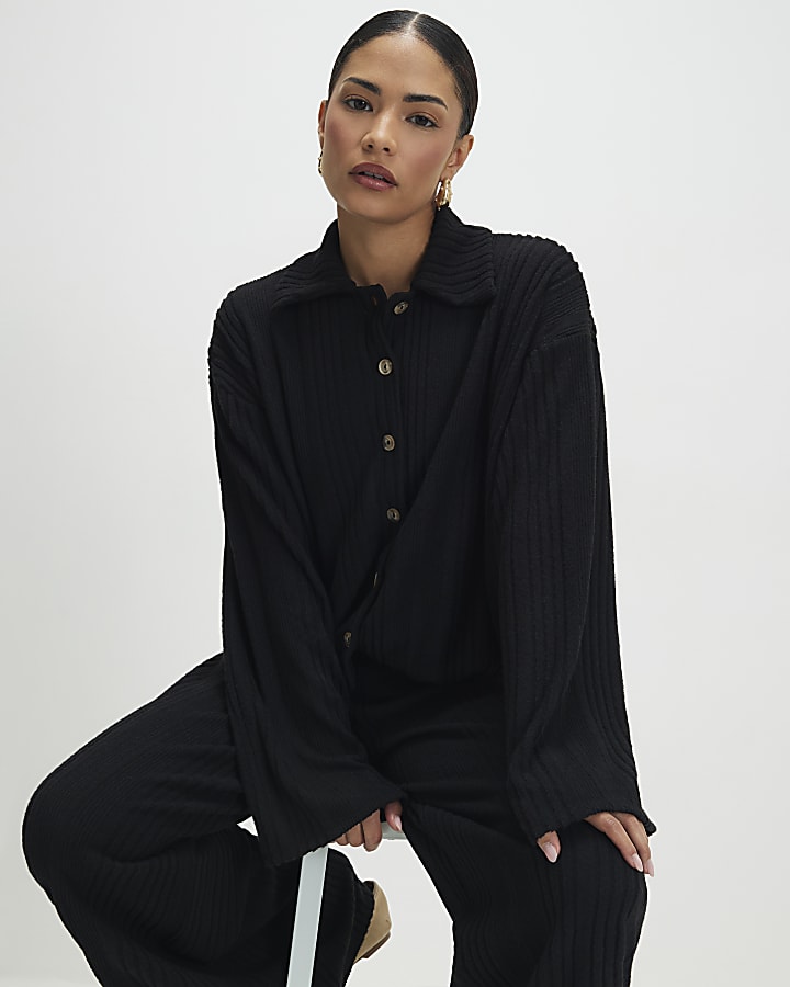 Petite Black Cosy Bubble Hem Cardigan