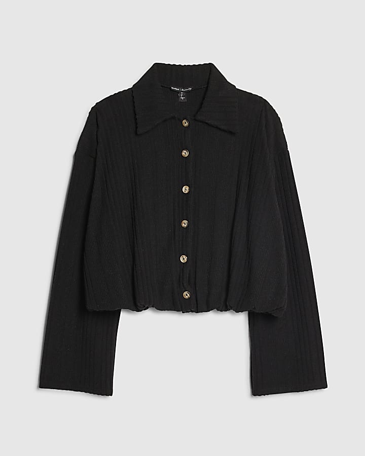 Petite Black Cosy Bubble Hem Cardigan