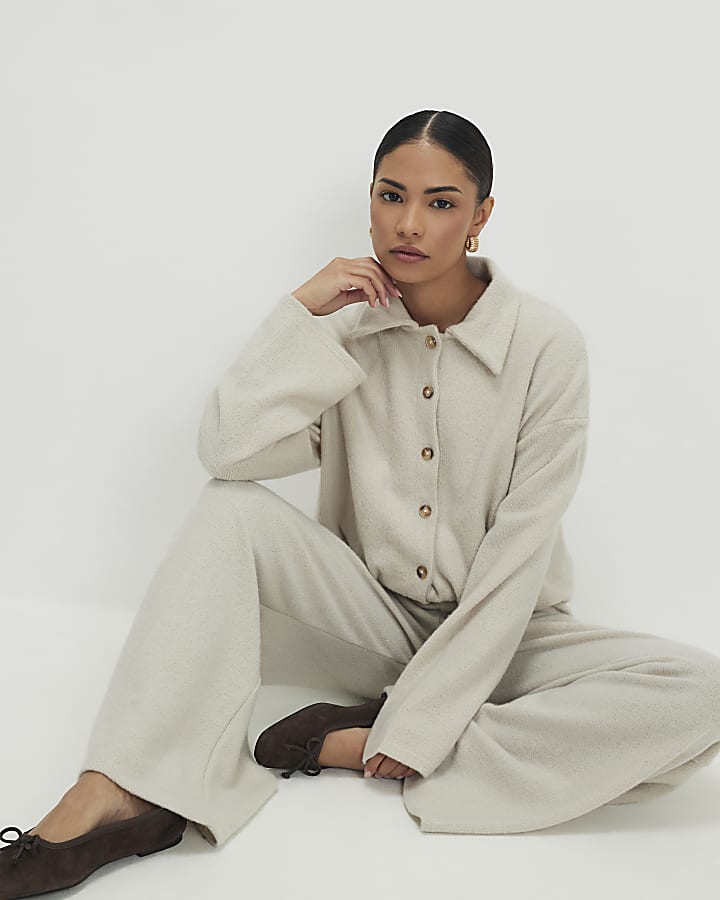 Petite Beige Cosy Bubble Hem Cardigan