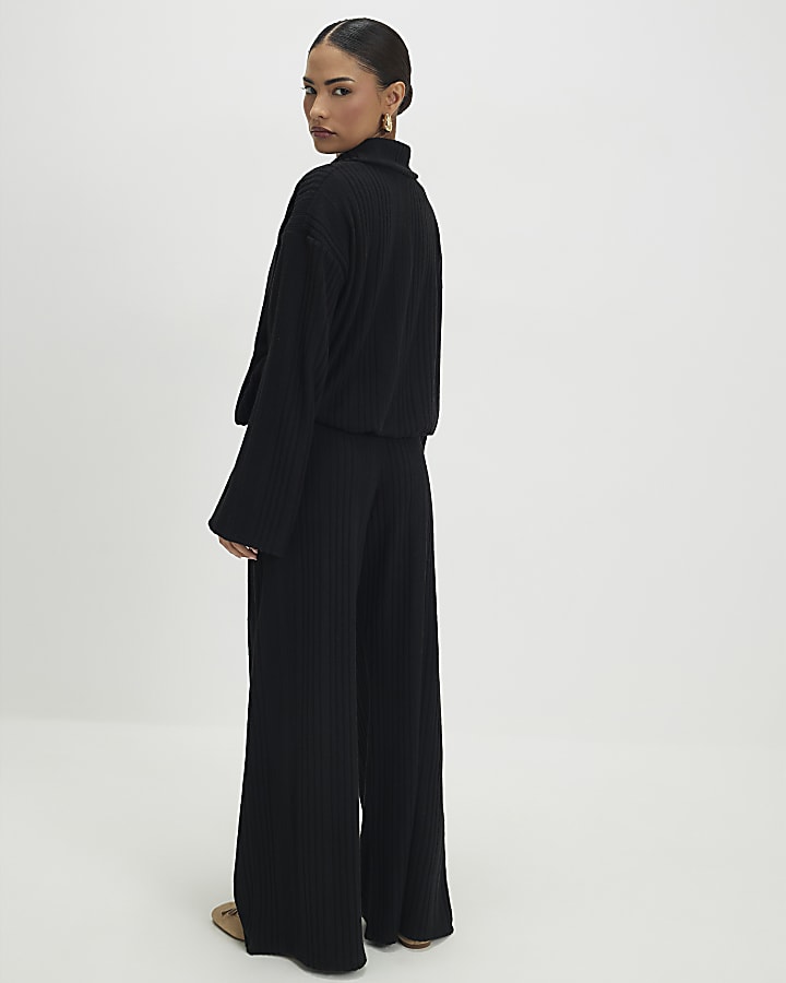 Petite Black Cosy Wide Leg Ribbed Trousers