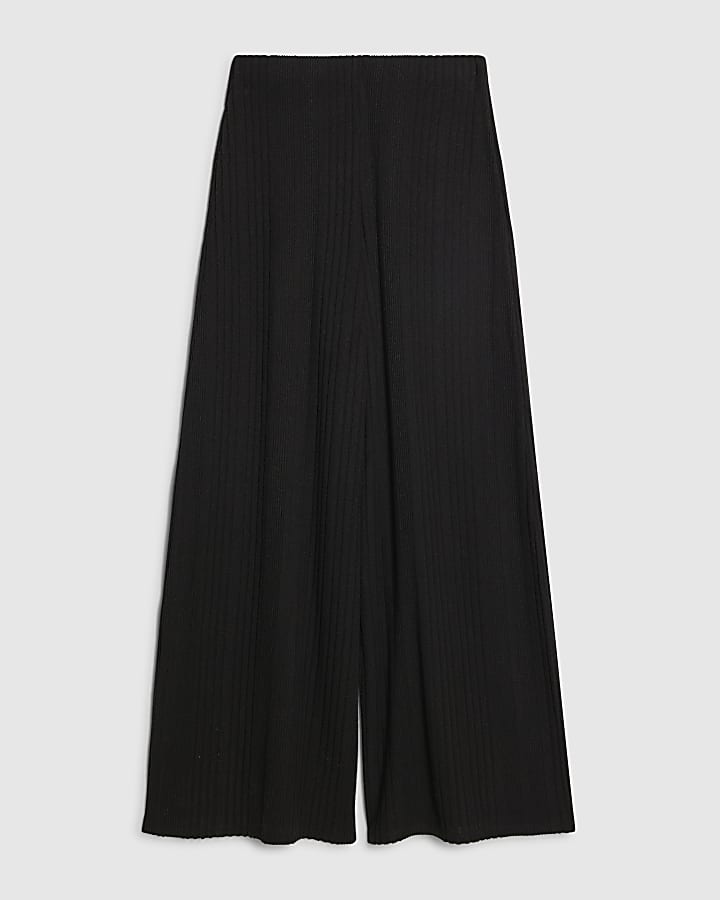 Petite Black Cosy Wide Leg Ribbed Trousers