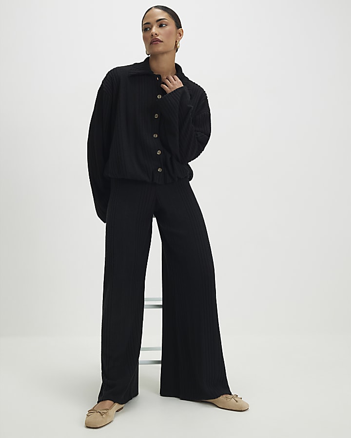Petite Black Cosy Wide Leg Ribbed Trousers