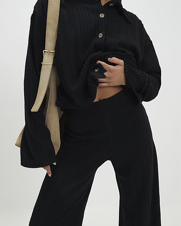 Petite Black Cosy Wide Leg Ribbed Trousers