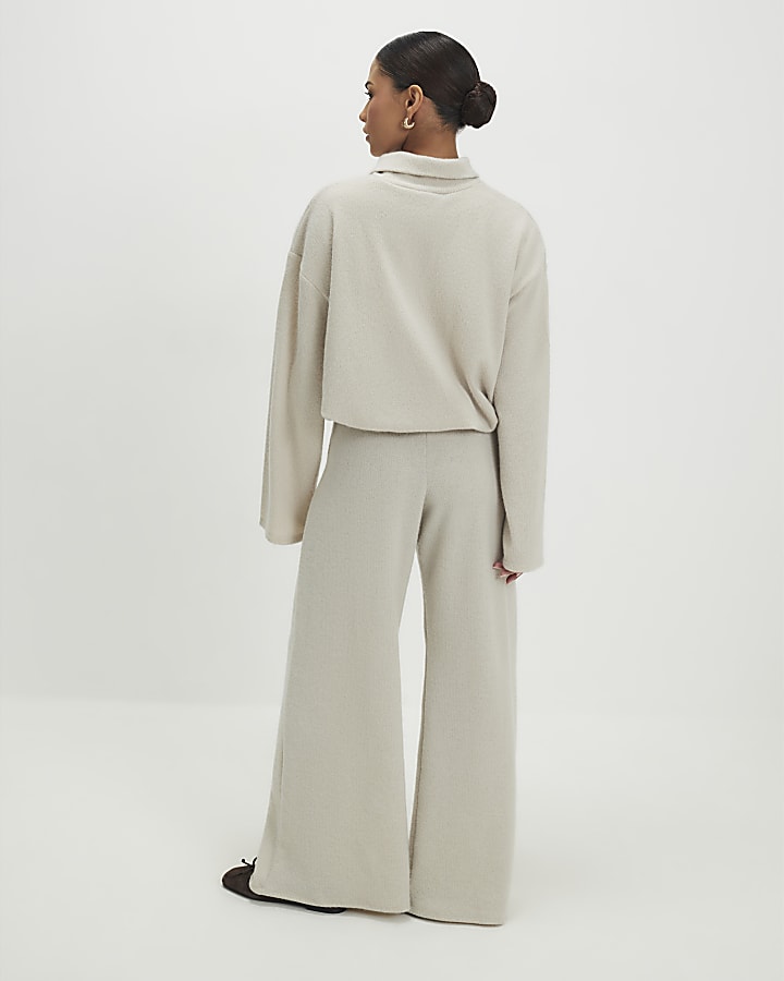 Petite Beige Cosy Wide Leg Ribbed Trousers