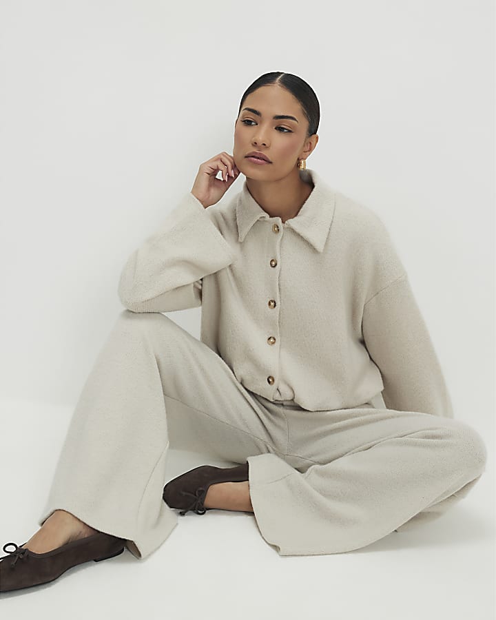 Petite Beige Cosy Wide Leg Ribbed Trousers