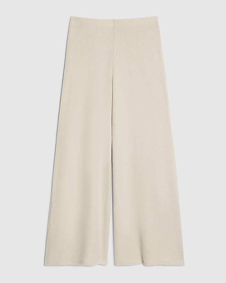 Petite Beige Cosy Wide Leg Ribbed Trousers