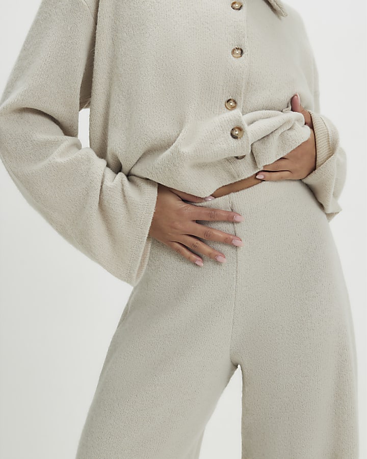 Petite Beige Cosy Wide Leg Ribbed Trousers