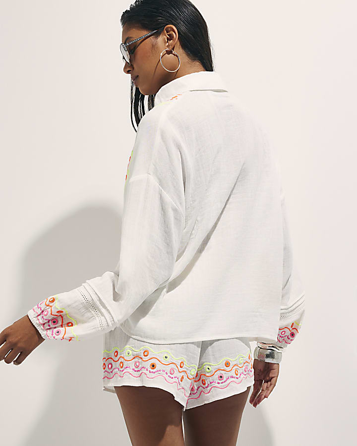 Cream Cotton Mirror Embroidered Shirt
