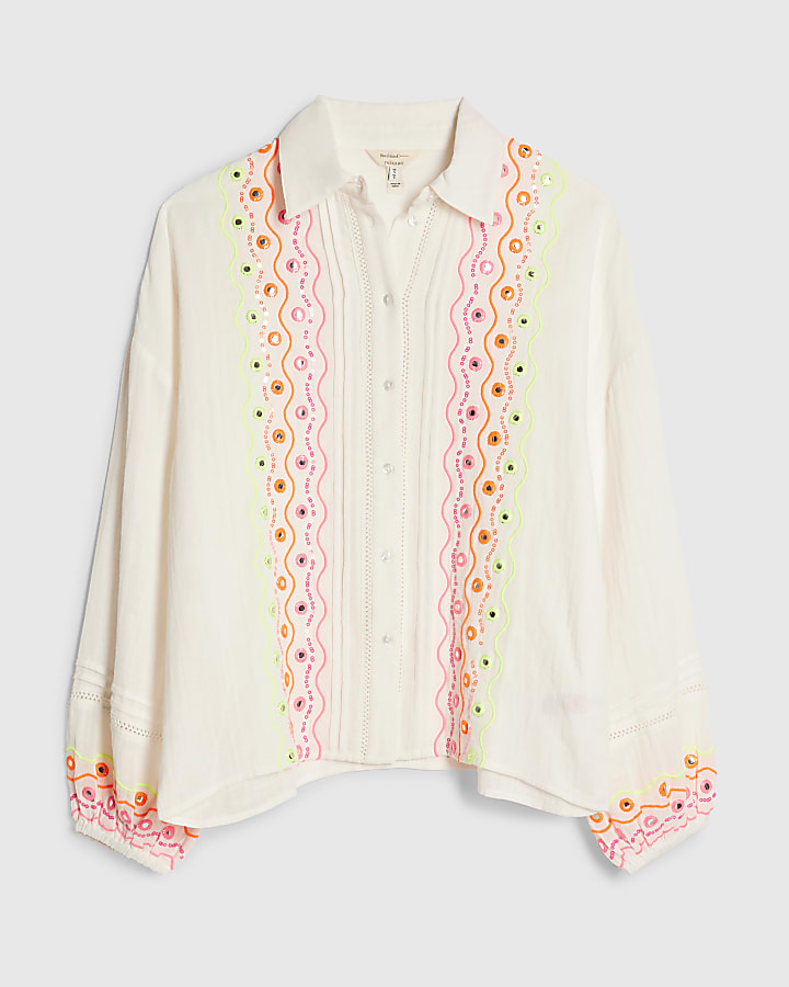Cream Cotton Mirror Embroidered Shirt