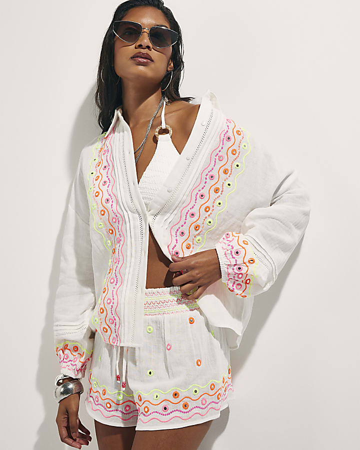 Cream Cotton Mirror Embroidered Shirt