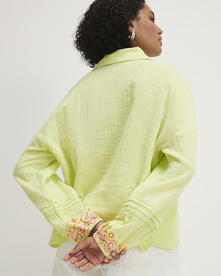 Green Cotton Mirror Embroidered Shirt
