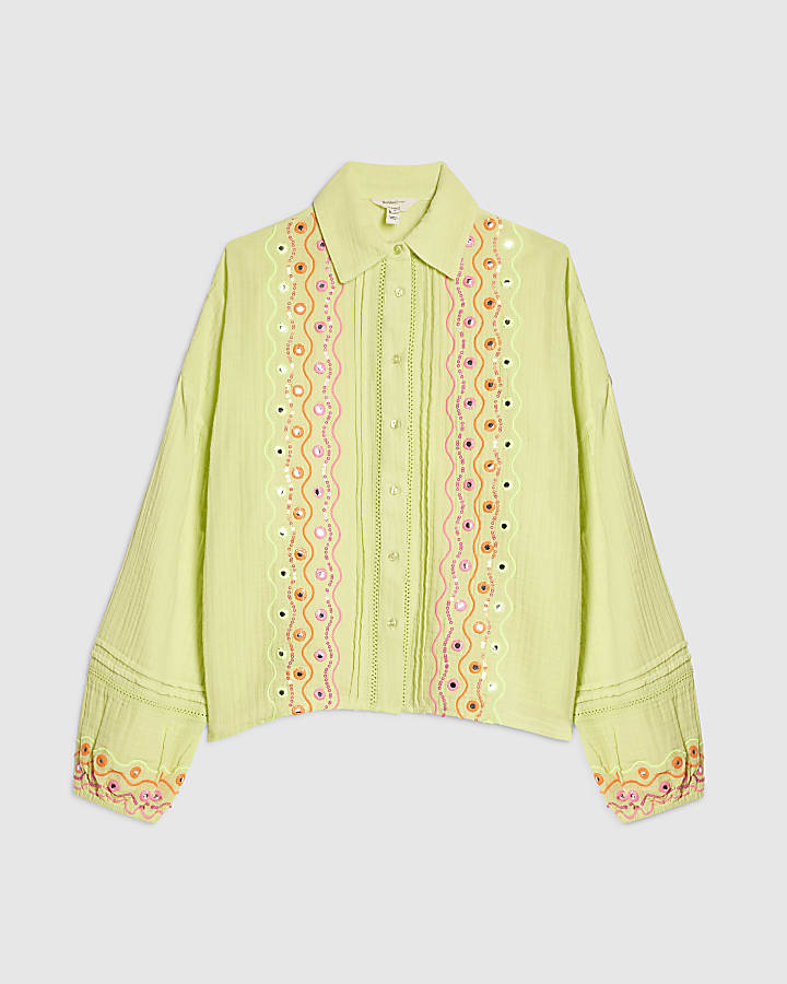 Green Cotton Mirror Embroidered Shirt