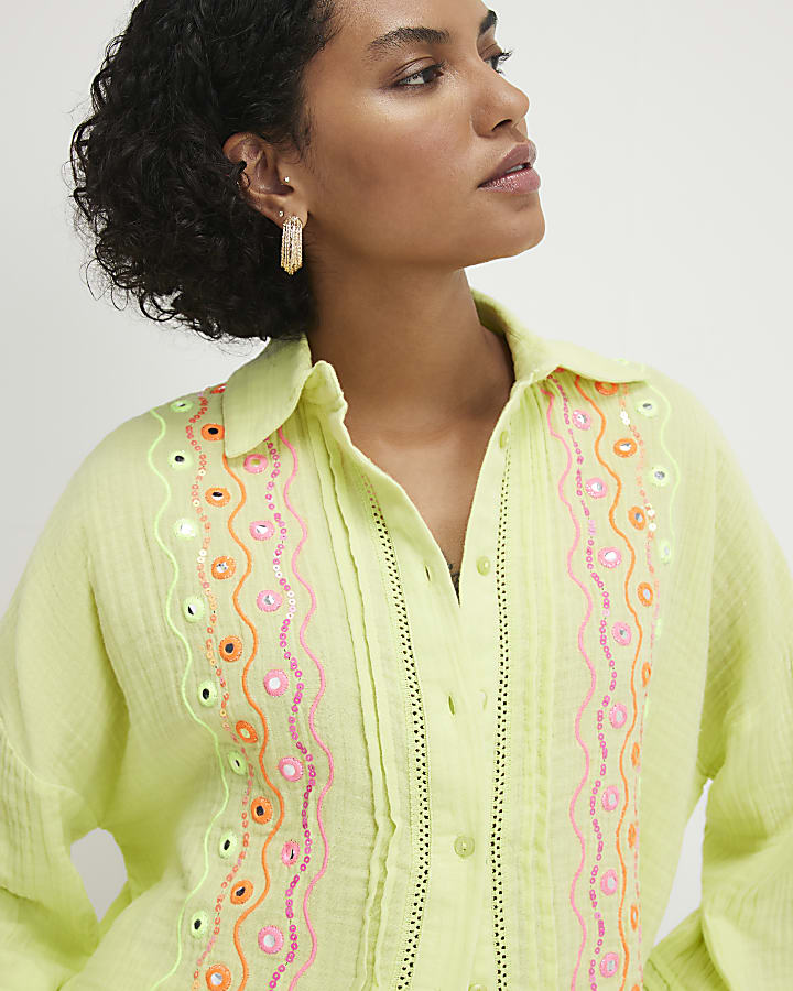 Green Cotton Mirror Embroidered Shirt