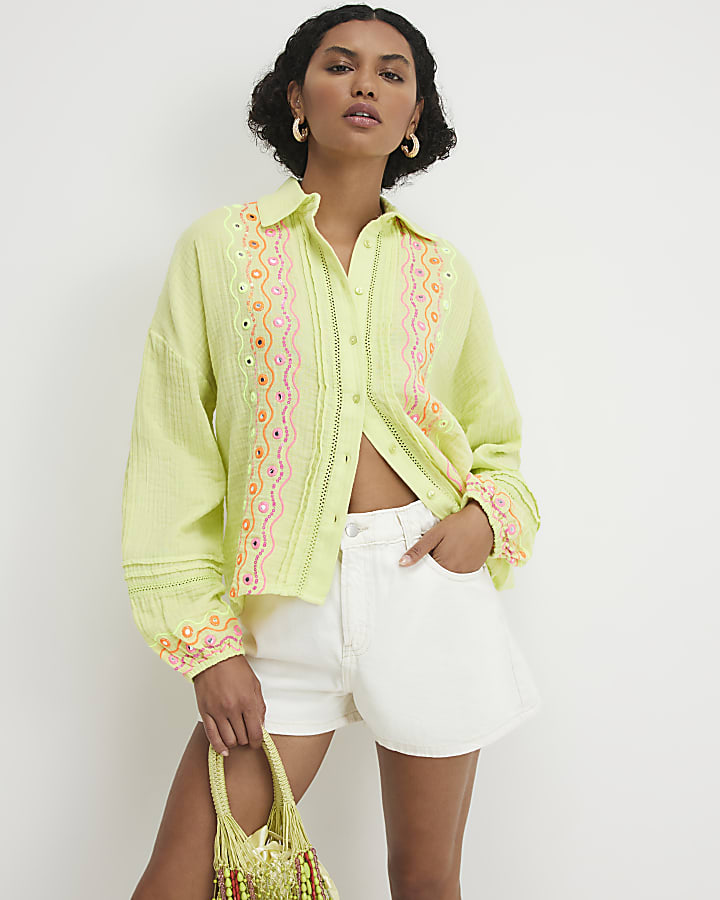 Green Cotton Mirror Embroidered Shirt