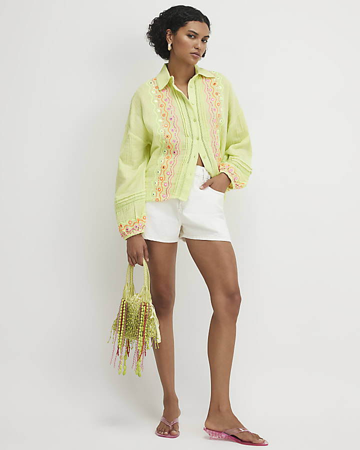 Green Cotton Mirror Embroidered Shirt