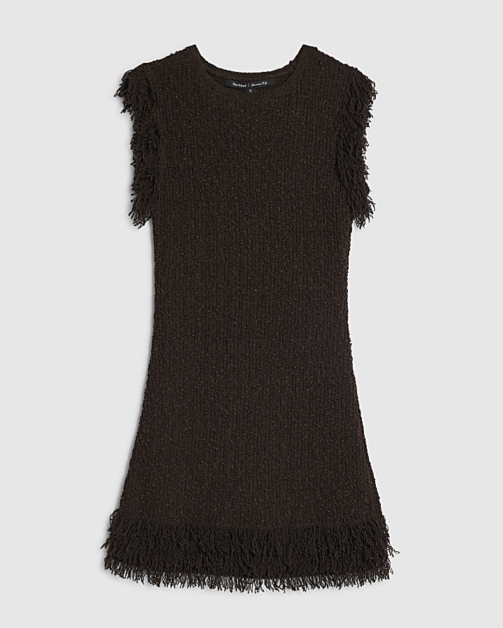 Petite Brown Knitted Fringe Trim Mini Dress