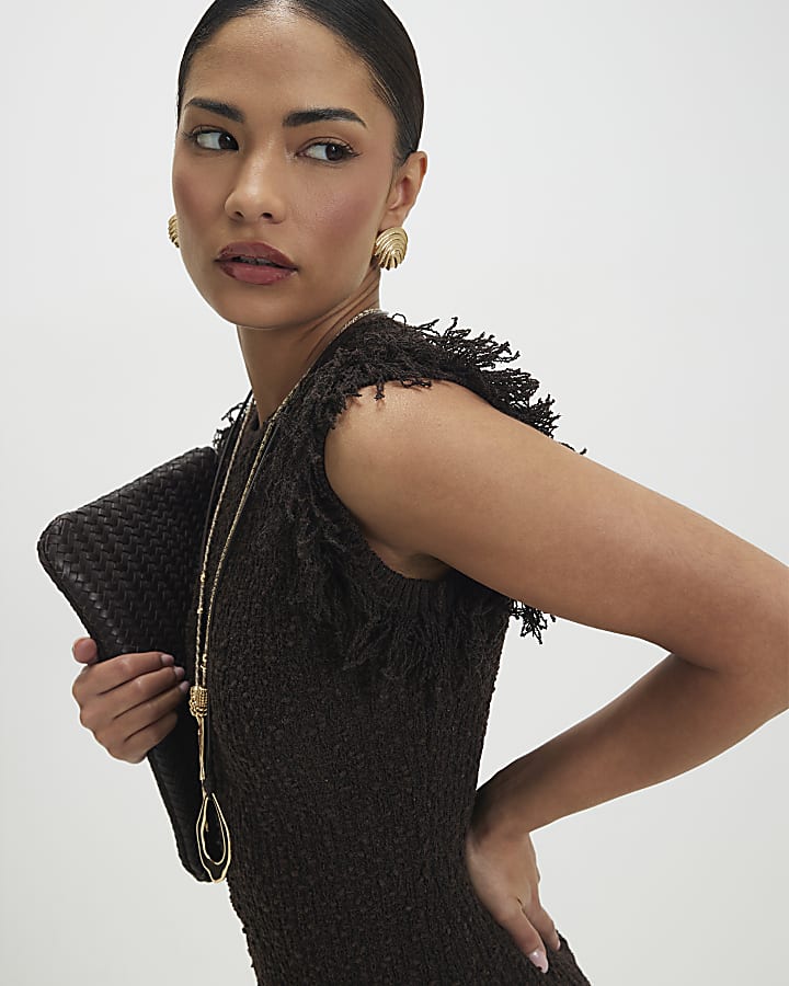 Brown Petite Knitted Fringe Trim Mini Dress