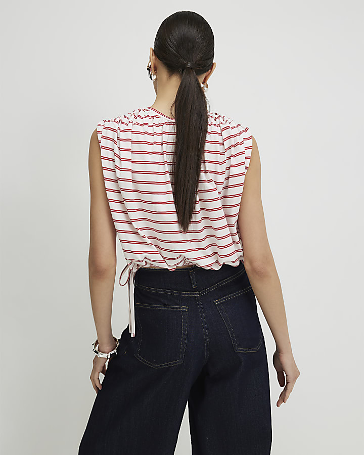 Red Sleeveless Striped Bubble Hem Top