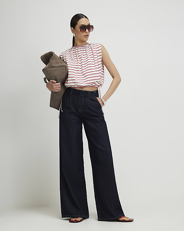 Red Sleeveless Striped Bubble Hem Top