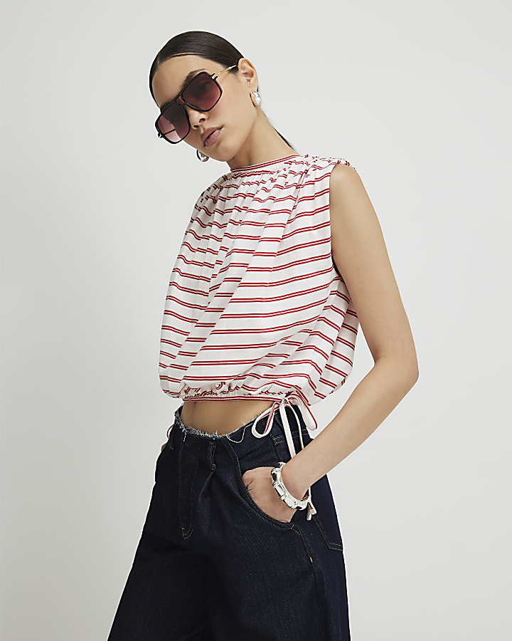 Red Sleeveless Striped Bubble Hem Top