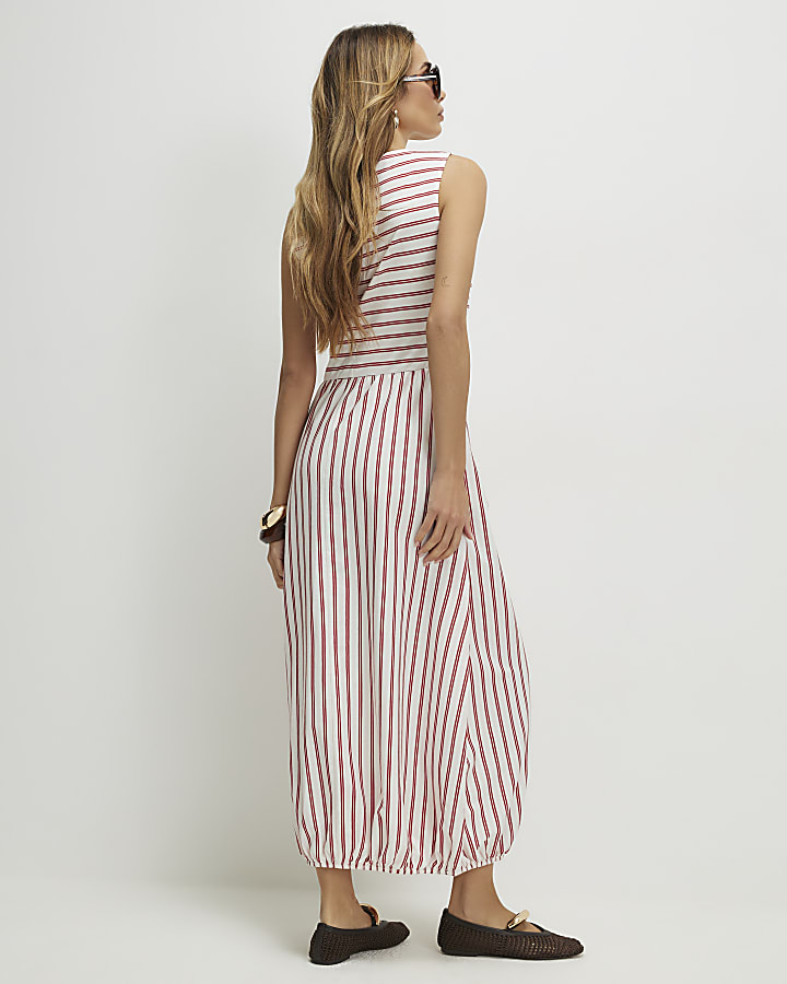 Red Striped Bubble Hem Midi Dress