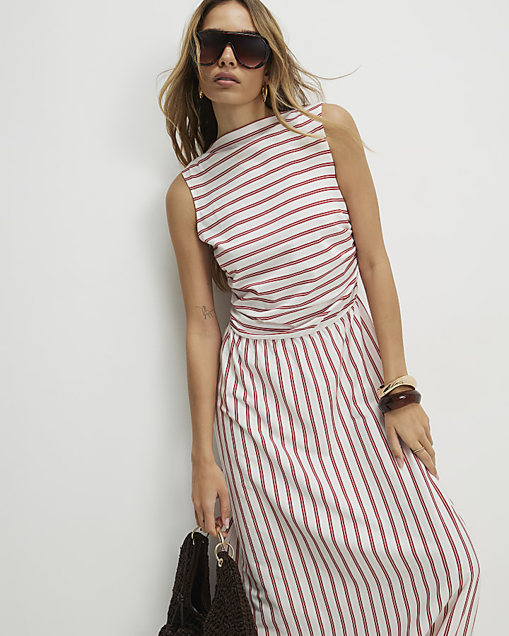 Red Striped Bubble Hem Midi Dress