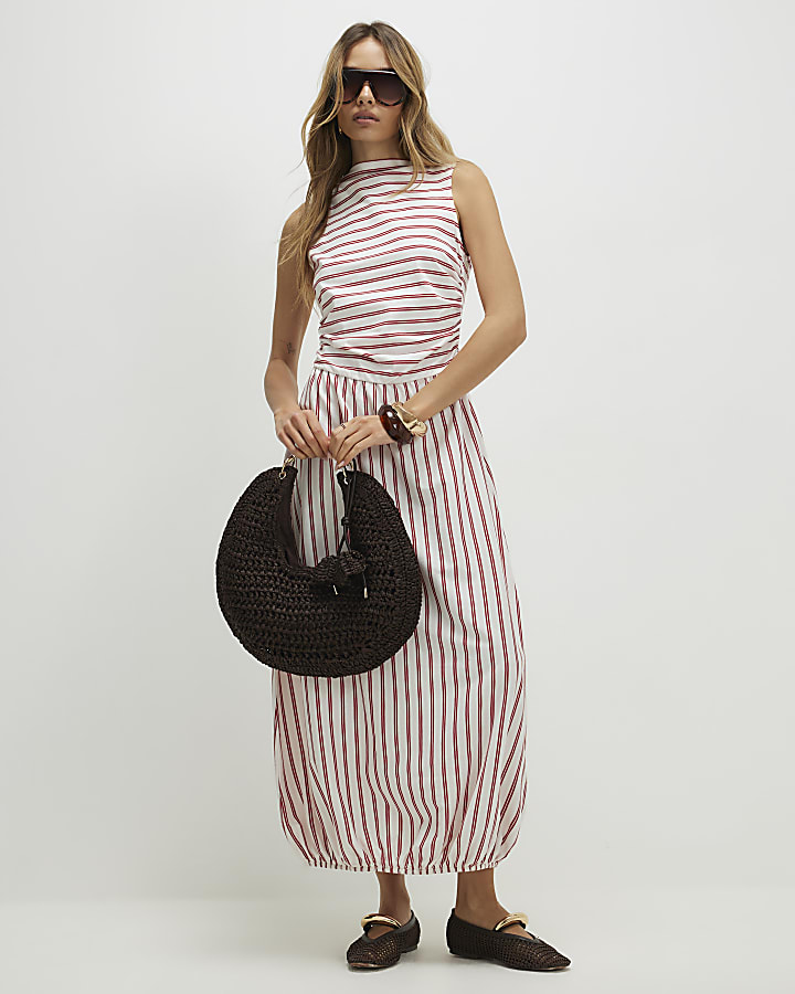 Red Striped Bubble Hem Midi Dress