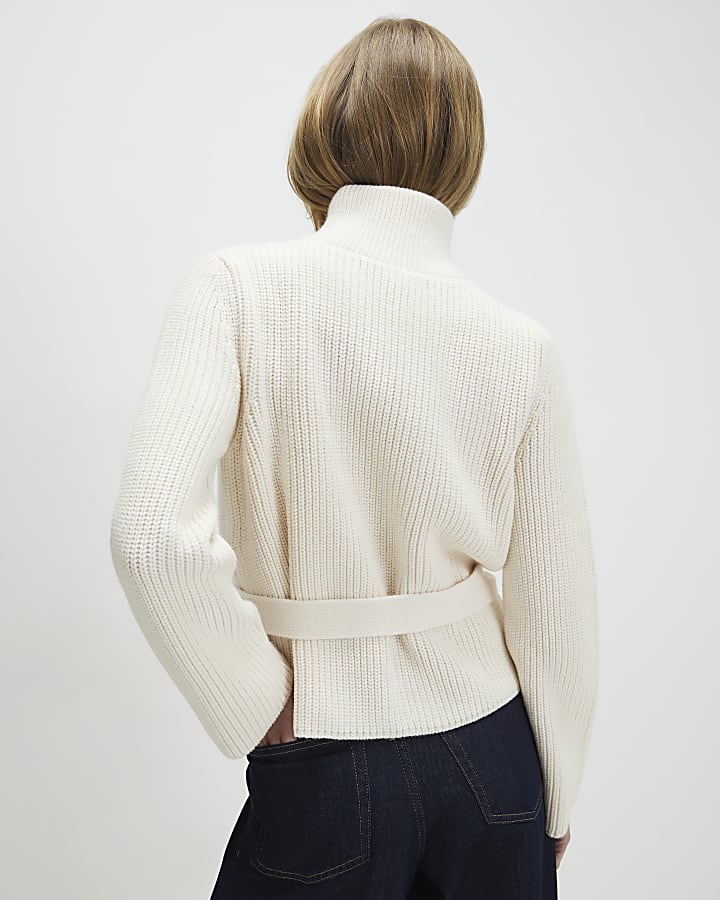 Cream Knitted Tie Waist Ribbed Cardigan