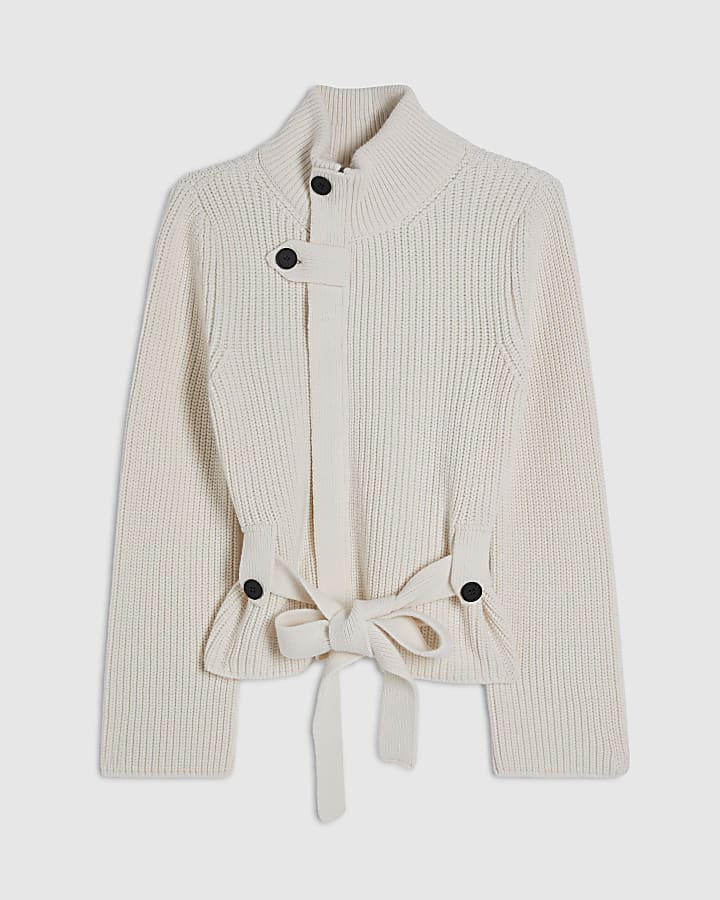 Cream Knitted Tie Waist Ribbed Cardigan