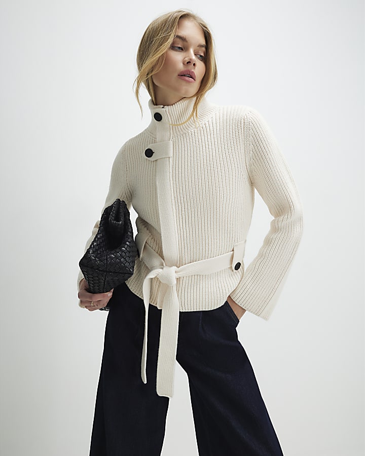 Cream Knitted Tie Waist Ribbed Cardigan