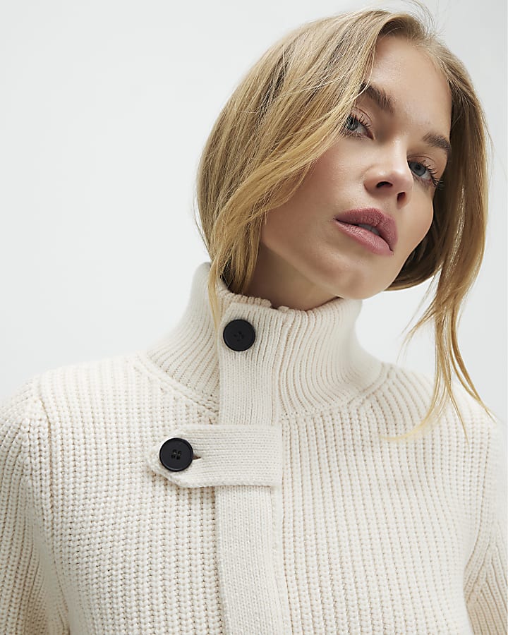 Cream Knitted Tie Waist Ribbed Cardigan