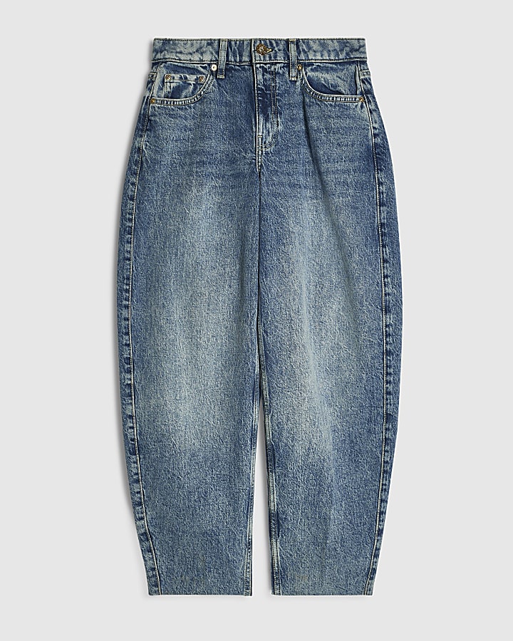 Blue Pressed Seam Barrel Leg Jeans