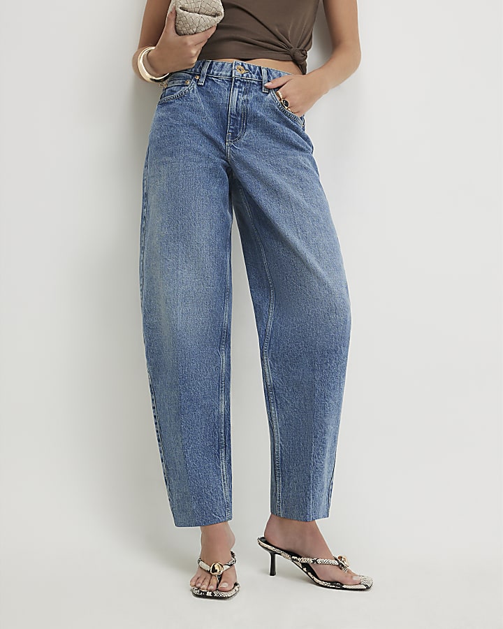 Blue Pressed Seam Barrel Leg Jeans