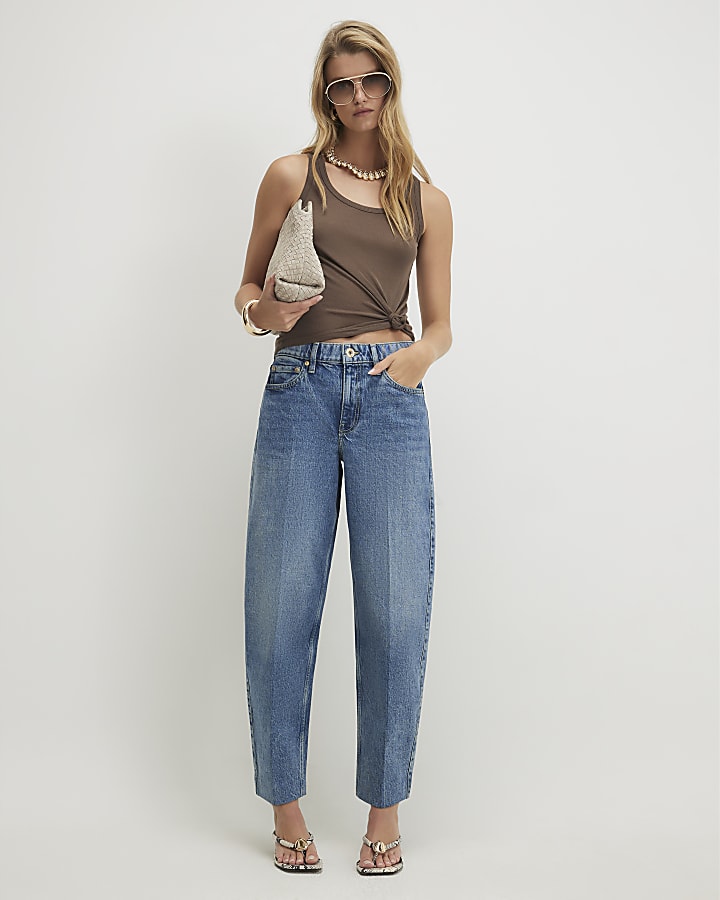 Blue Pressed Seam Barrel Leg Jeans