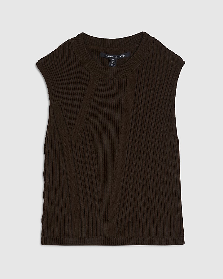 Brown Ribbed Knitted Tank Top