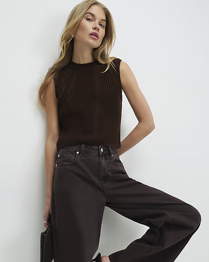 Brown Ribbed Knitted Tank Top