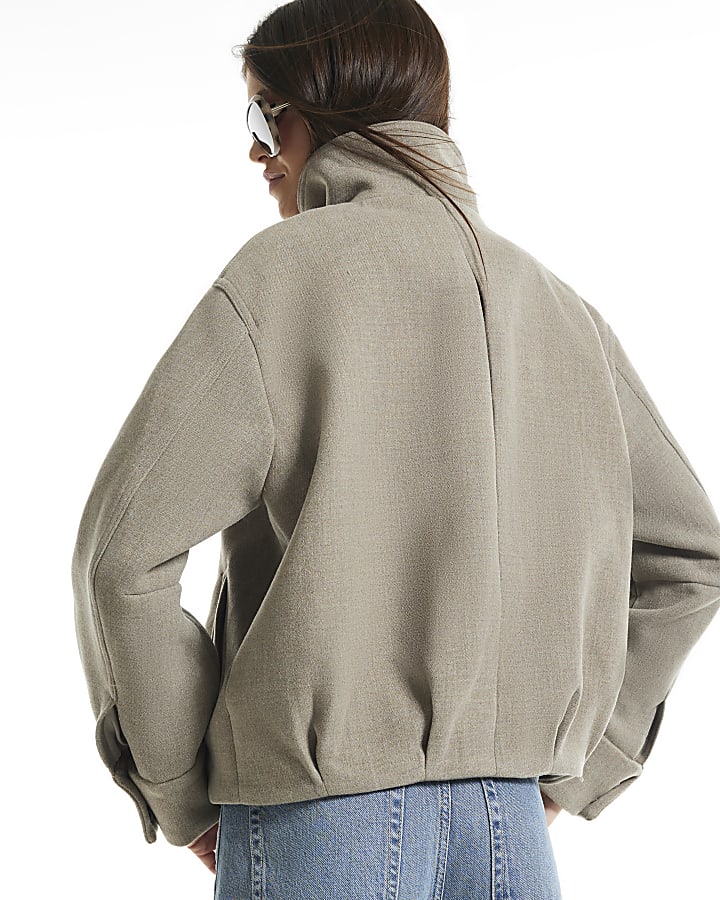 Brown Funnel Neck Bomber Jacket
