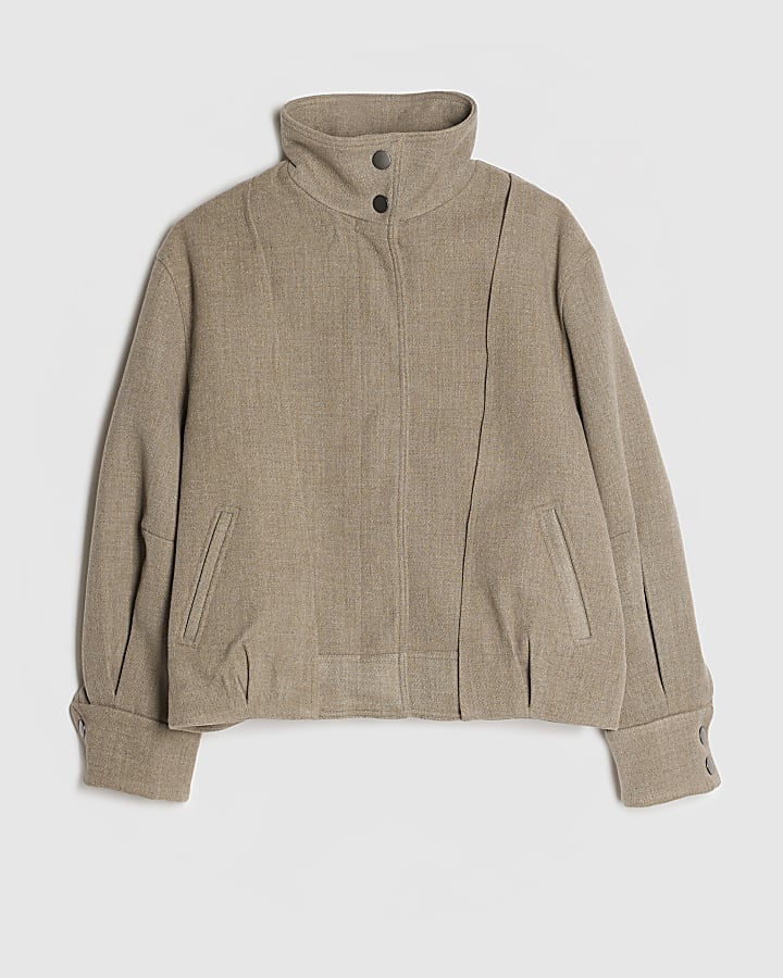 Brown Funnel Neck Bomber Jacket