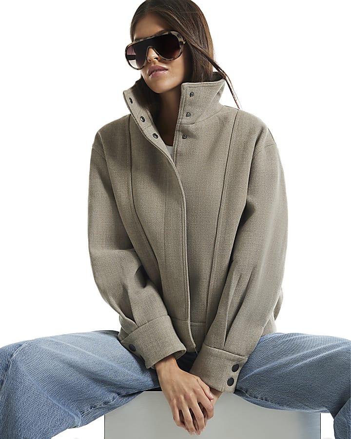 Brown Funnel Neck Bomber Jacket