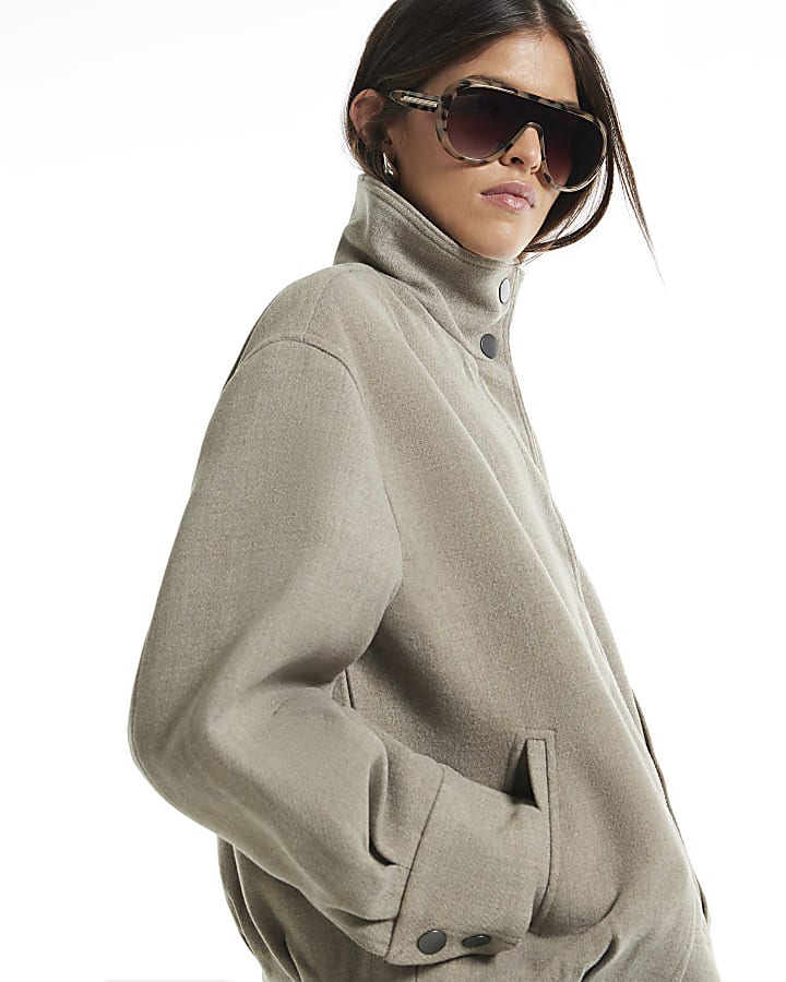 Brown Funnel Neck Bomber Jacket