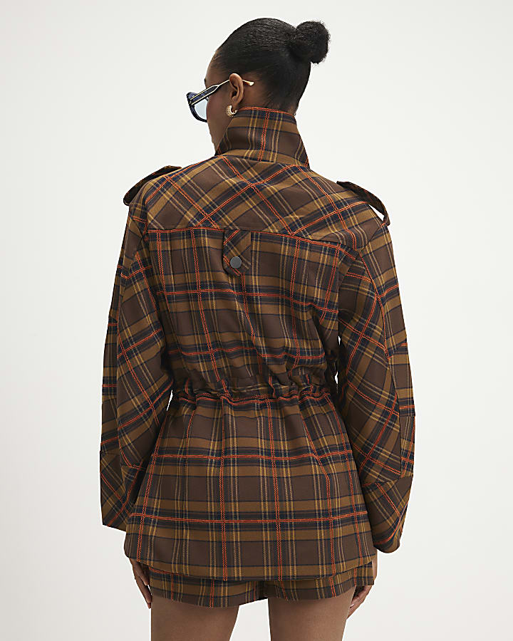 Brown Check Funnel Neck Parka Jacket