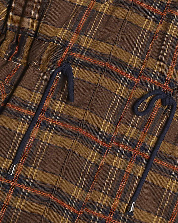 Brown Check Funnel Neck Parka Jacket